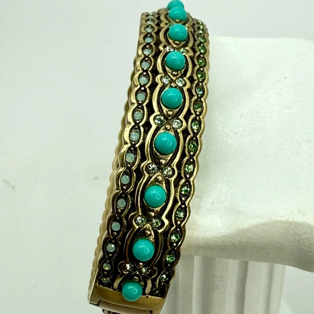 Vintage Heidi Daus Hinged Bangle Bracelet Turquoise Cabochon & Crystals Art Deco